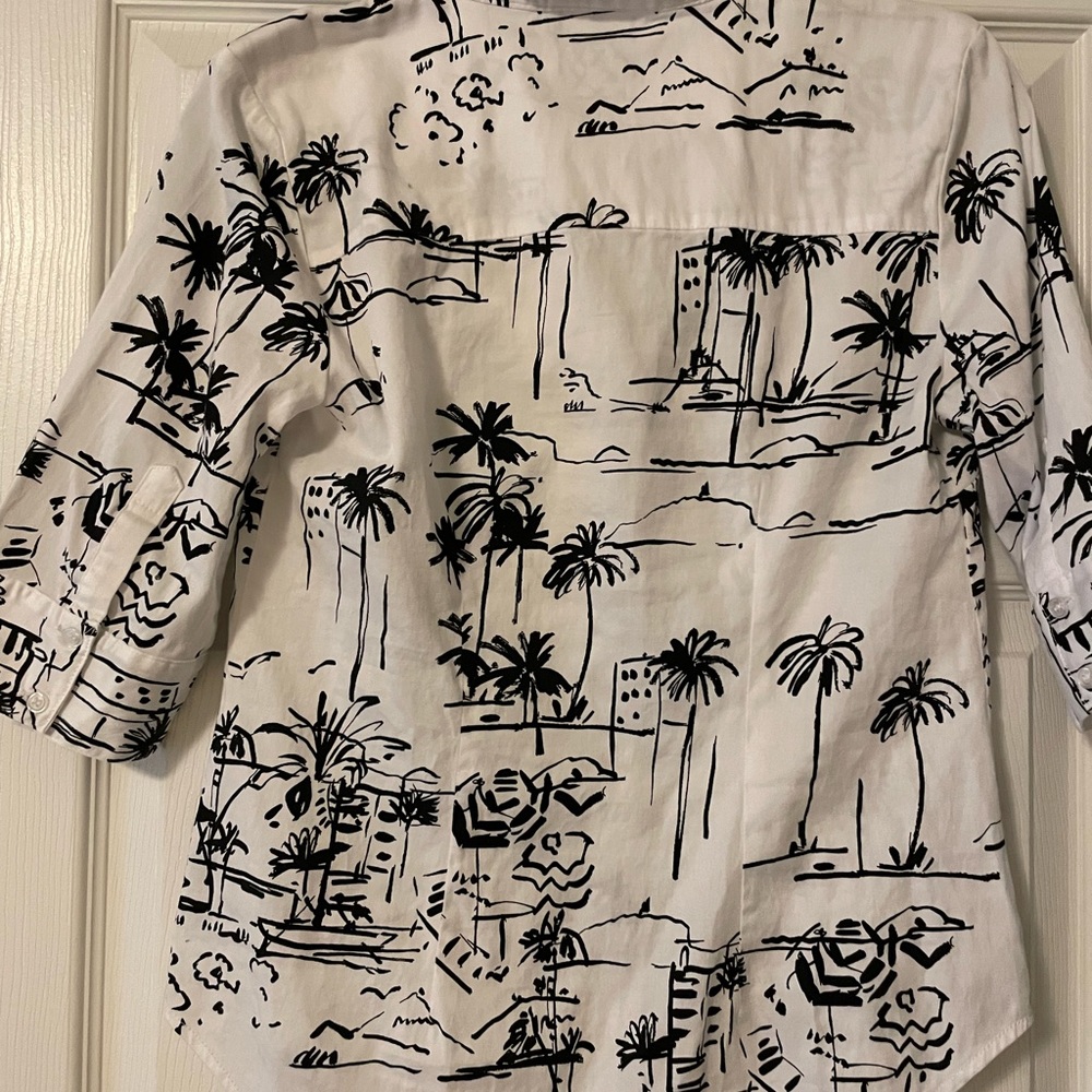 Black palm trees on white collared button up blouse